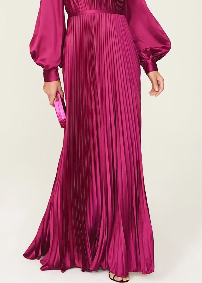 Wine Red O Neck Wrinkled High Waist Silk Dresses Fall