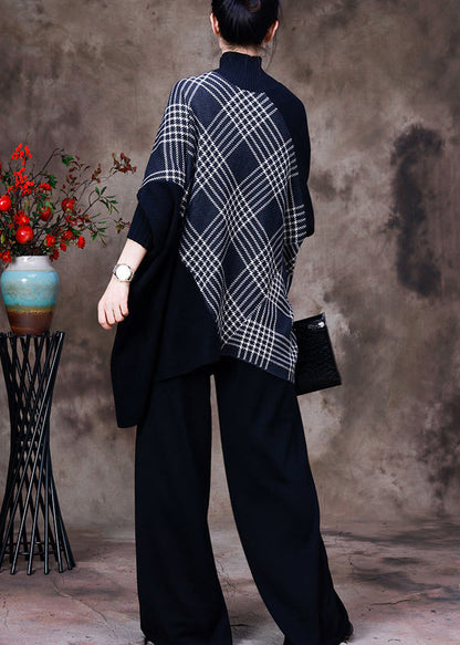 Black Turtleneck Striped Plaid Patchwork Knit Sweaters and Wide Leg Pants Two Piece Set Fall