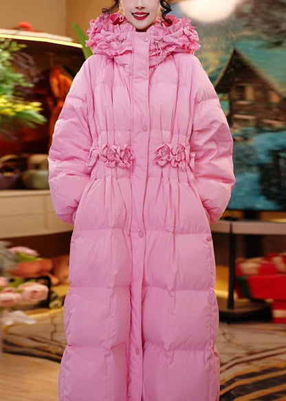 Pink Hooded Ruffled Side Open Duck Down Down Long Coats Winter