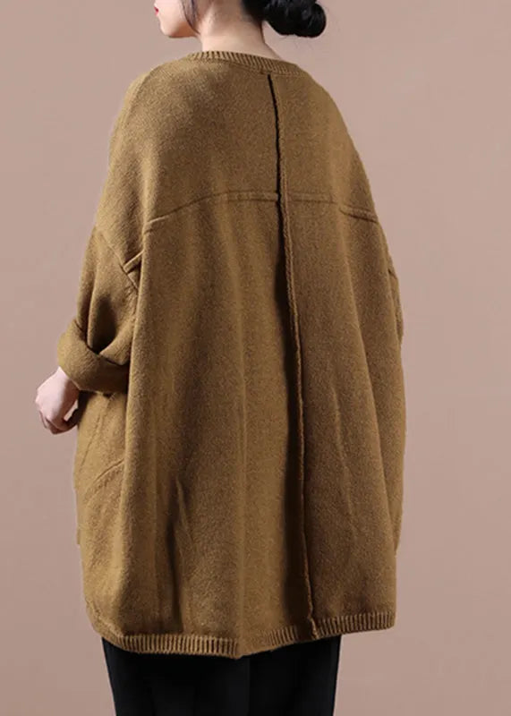 Modern Yellow O-neck Asymmetrical Button Thick Cotton Knit Sweaters Fall