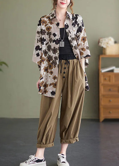 Beige Print Linen Loose Shirts Peter Pan Collar Button Half Sleeve
