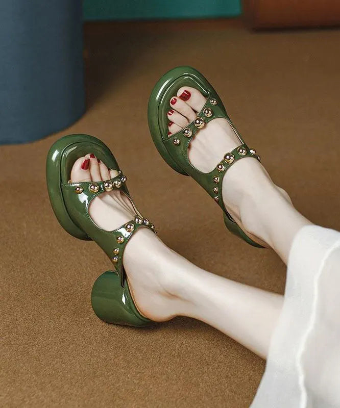 Green Faux Leather Rivet Splicing Peep Toe Chunky Slide Sandals