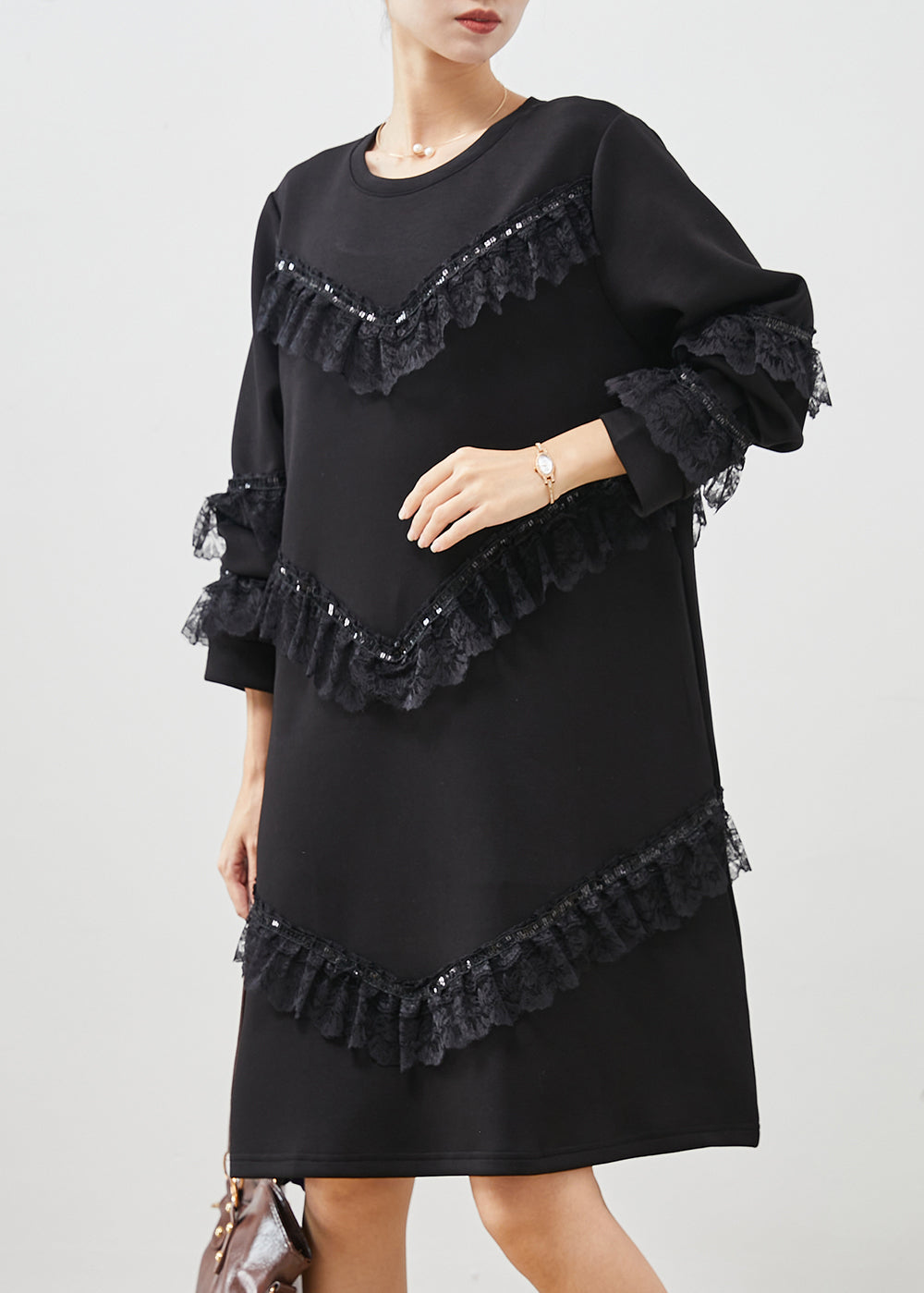 Black Ruffles Patchwork Cotton Sweatshirts Dress Spring