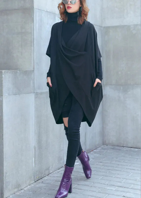 Loose Black Bat Wing Sleeve Pockets Asymmetrical Design Fall Tops