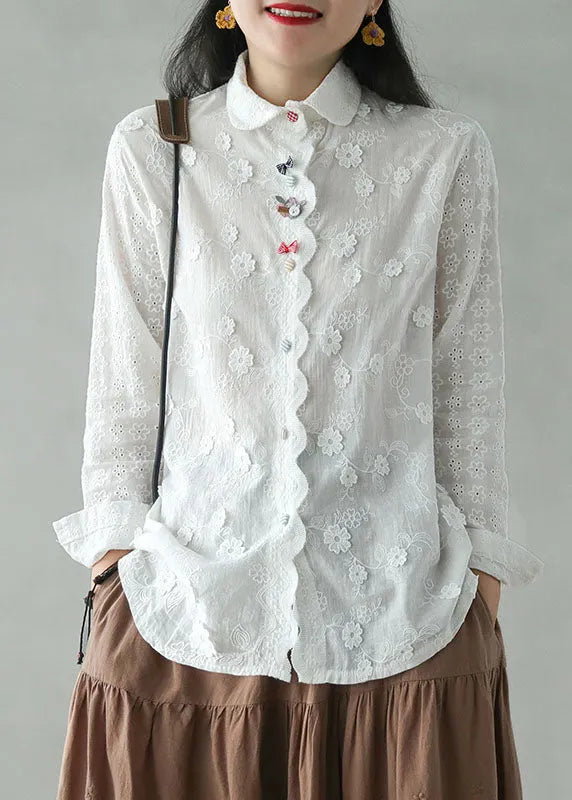Diy White Embroideried Three-dimensional Cotton Shirt Top Long Sleeve