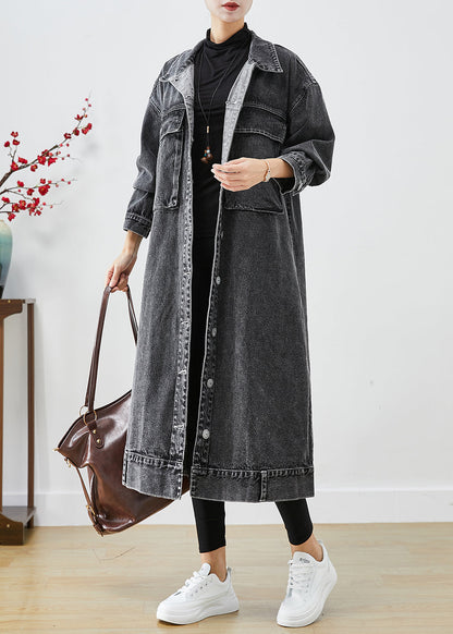 Black Oversized Pockets Denim Trench Coats Fall