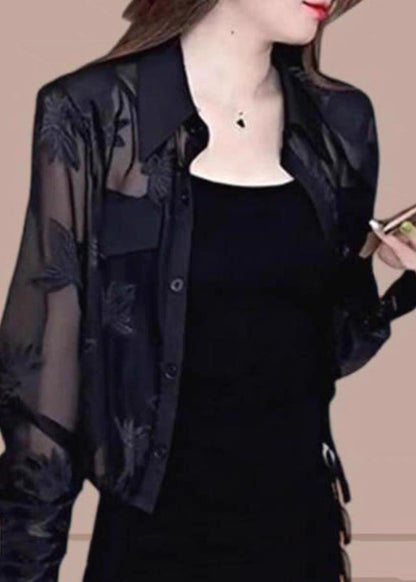 Fine Black Peter Pan Collar Print Ice Silk Upf 50+ Coat Jacket Lantern Sleeve