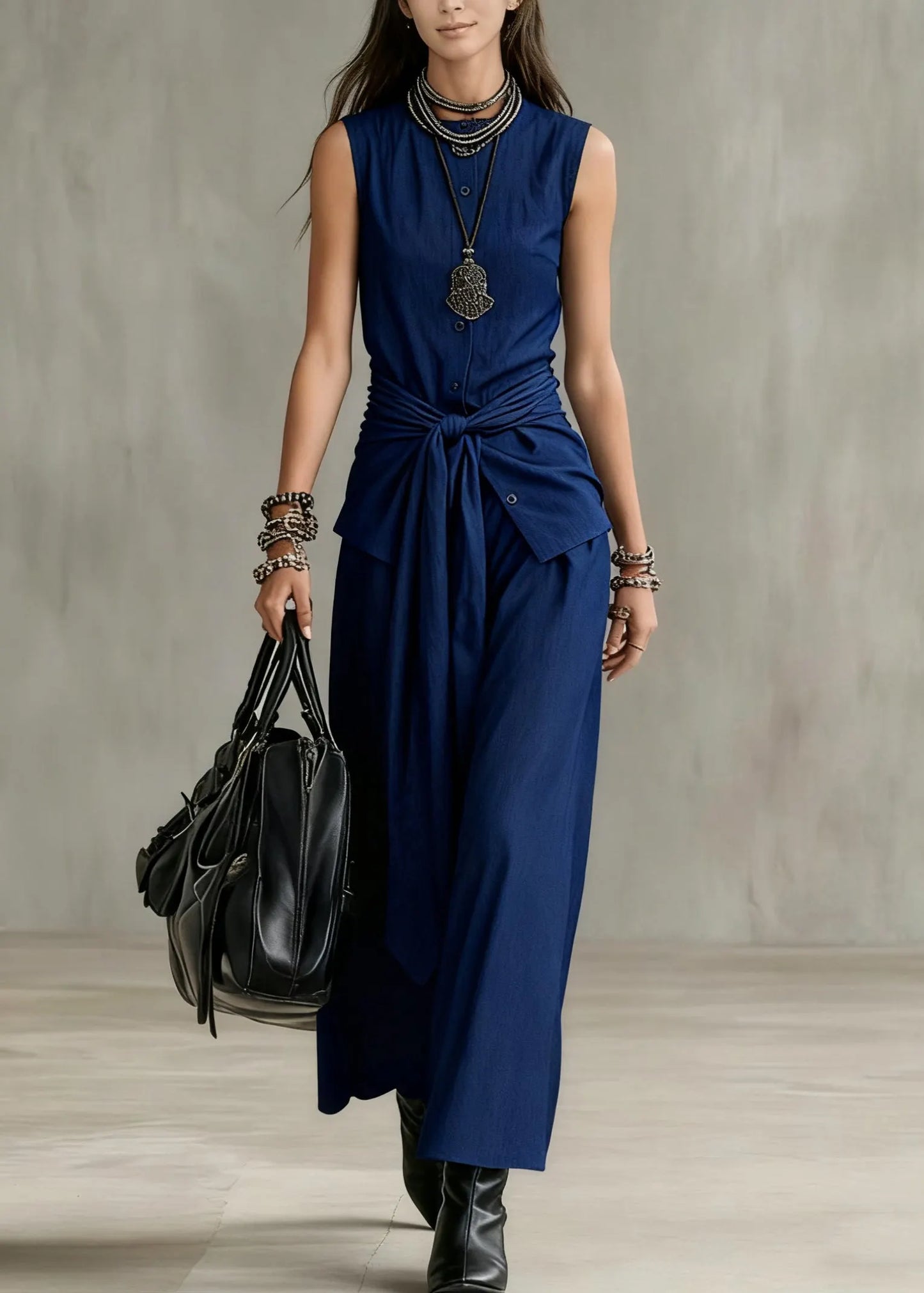 French Navy O Neck Button Tie Waist Denim Two Pieces Set Sleeveless