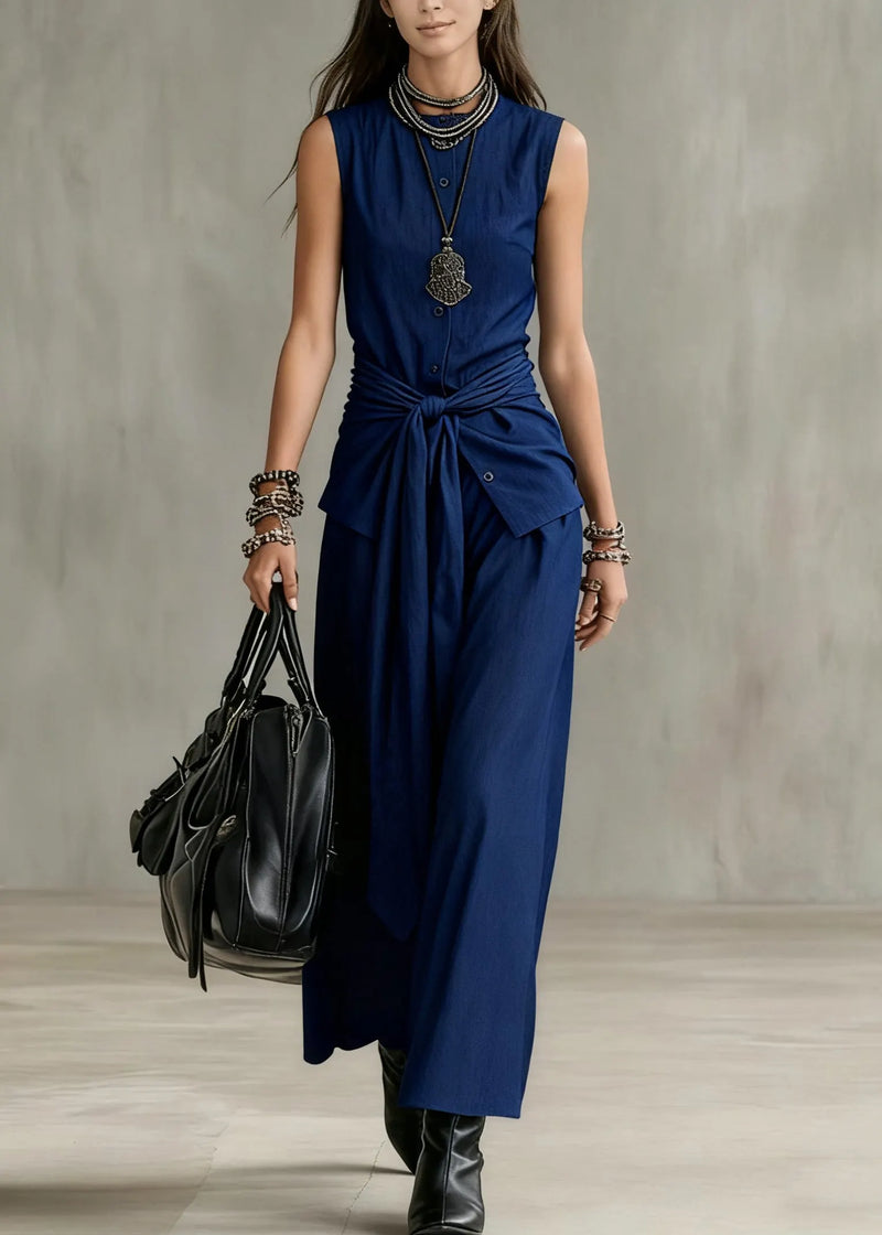 French Navy O Neck Button Tie Waist Denim Two Pieces Set Sleeveless