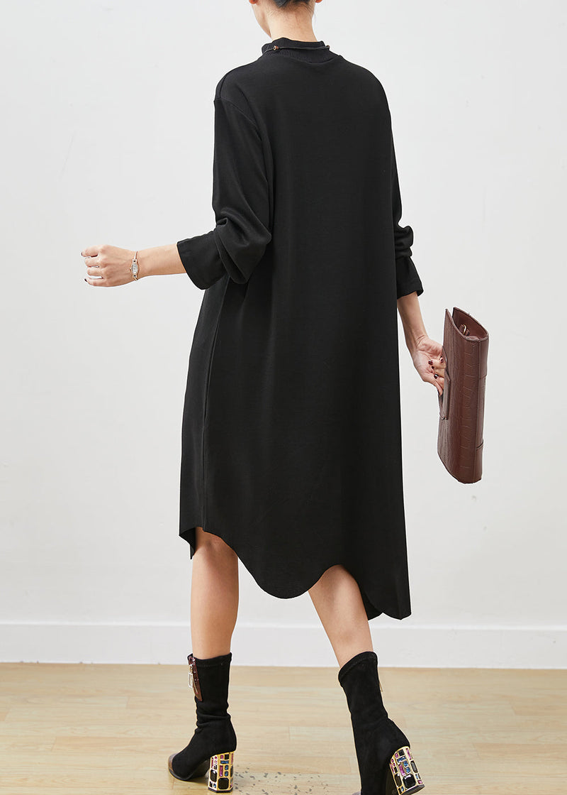 Black Asymmetrical Embroideried Cotton Dress Spring