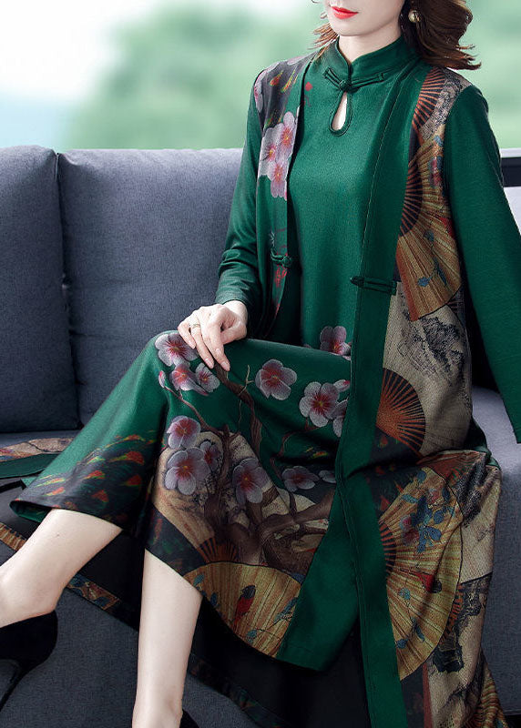 Green Print Chinese Button Silk Fake Two Piece Oriental Dresses Spring