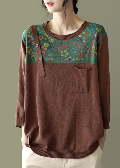 Loose Chocolate O-neck Button Patchwork Print Knit Tops Long Sleeve