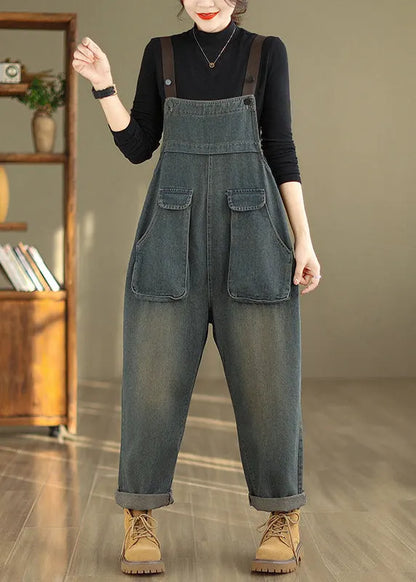 Blue Pockets High Waist Denim Jumpsuit Fall