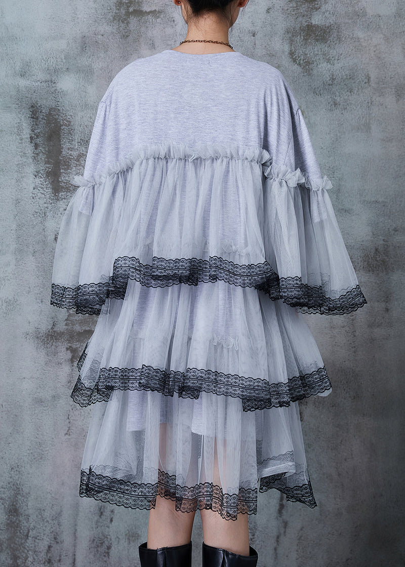 Grey Oversized Patchwork Tulle Vacation Dress Summer
