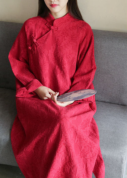 Red Stand Collar Jacquard Wrinkled Cotton Dress Cheongsam Spring