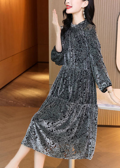 Grey O-neck Patchwork Print Silk Velour Maxi Dress Spring