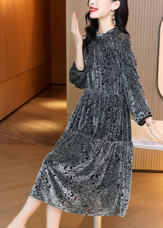 Grey O-neck Patchwork Print Silk Velour Maxi Dress Spring