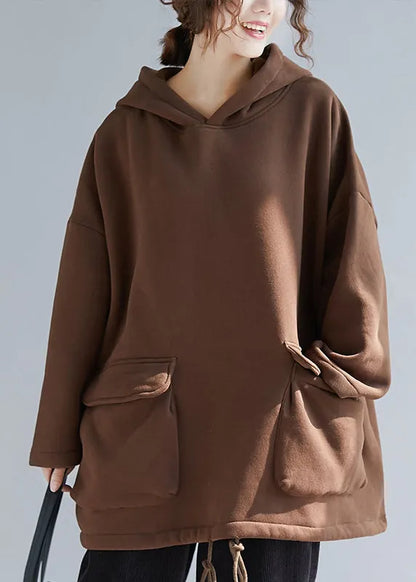 Chocolate Colour Pockets Drawstring Cotton Hooded Pullover Long Sleeve