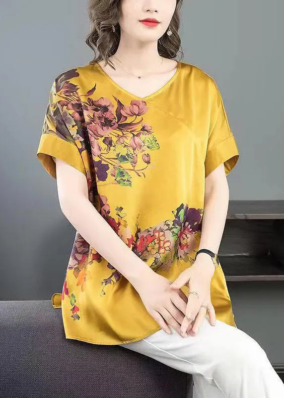 Yellow V Neck Print Patchwork Silk T Shirt Top Summer