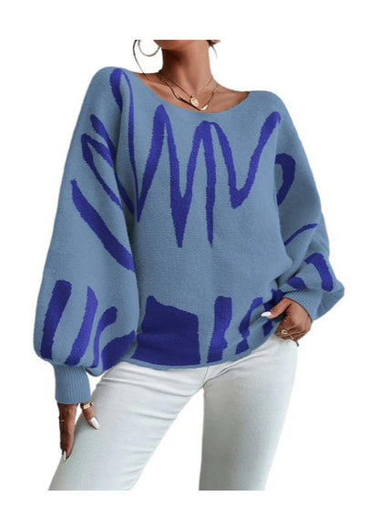 Blue Slash Neck Knit Sweaters Lantern Sleeve