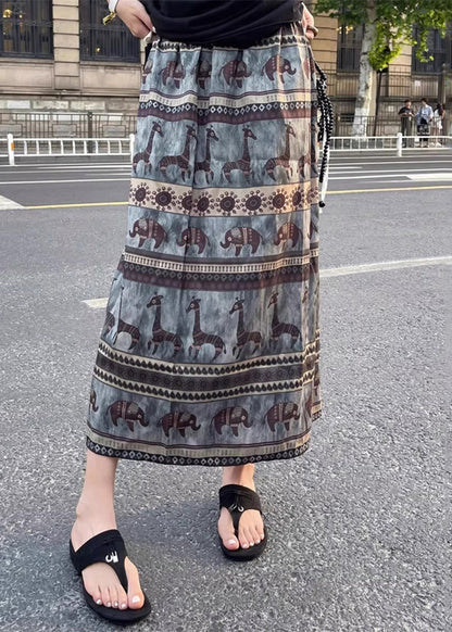 Print Side Open Elastic Waist Cotton Skirt Summer