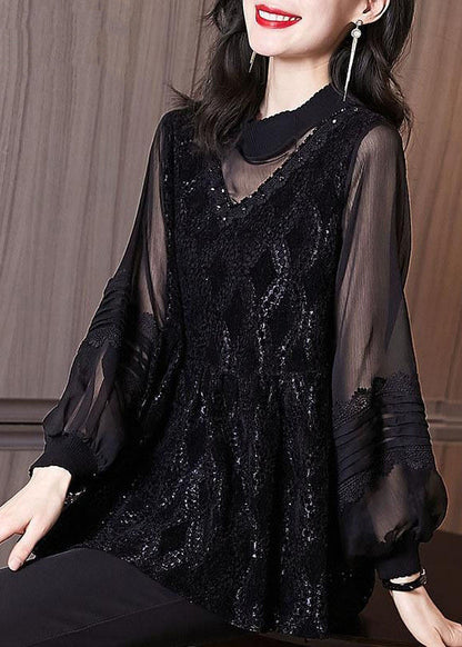 Black Embroideried Hollow Out Patchwork Lace Top Lantern Sleeve