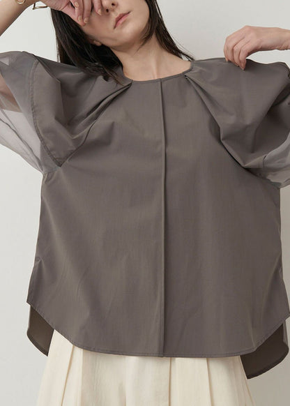 Italian Grey Puff Sleeve Patchwork Organza Shirt Tops Summer