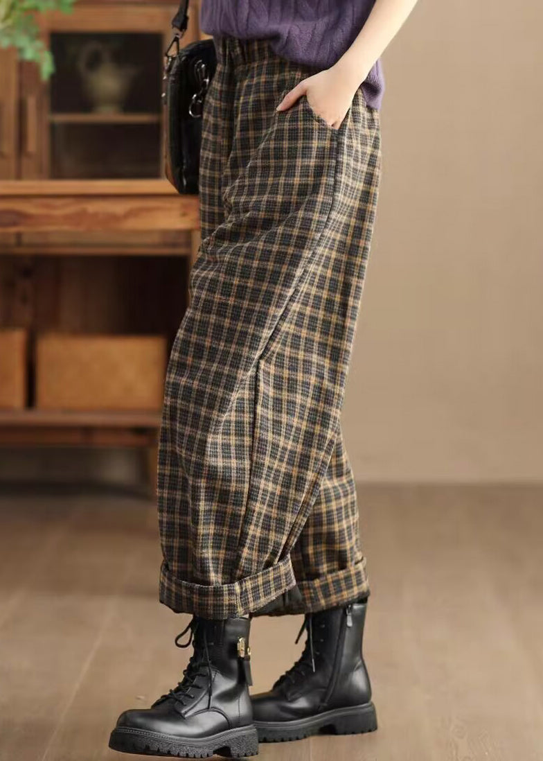 Pockets Plaid Elastic Waist Trousers Spring