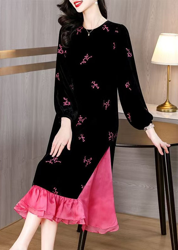 Italian Black Embroidered Pockets Patchwork Silk Velour Long Dresses Spring