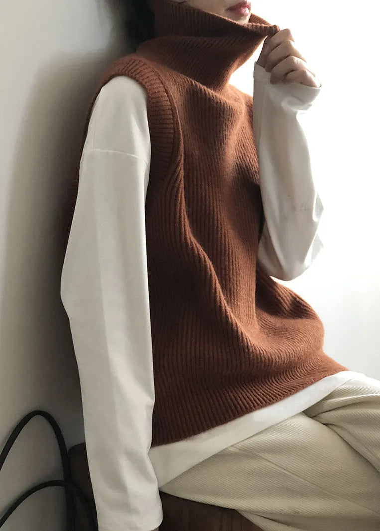 French Grey Hign Neck Versatile Knit Vest Sleeveless