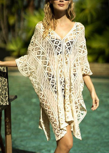 White Hollow Out Side Open Beach Gown Mid Summer Cotton Dress