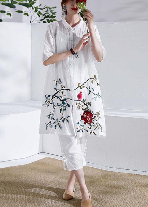 Organic White Button Print Summer Ramie Loose Coat Half Sleeve