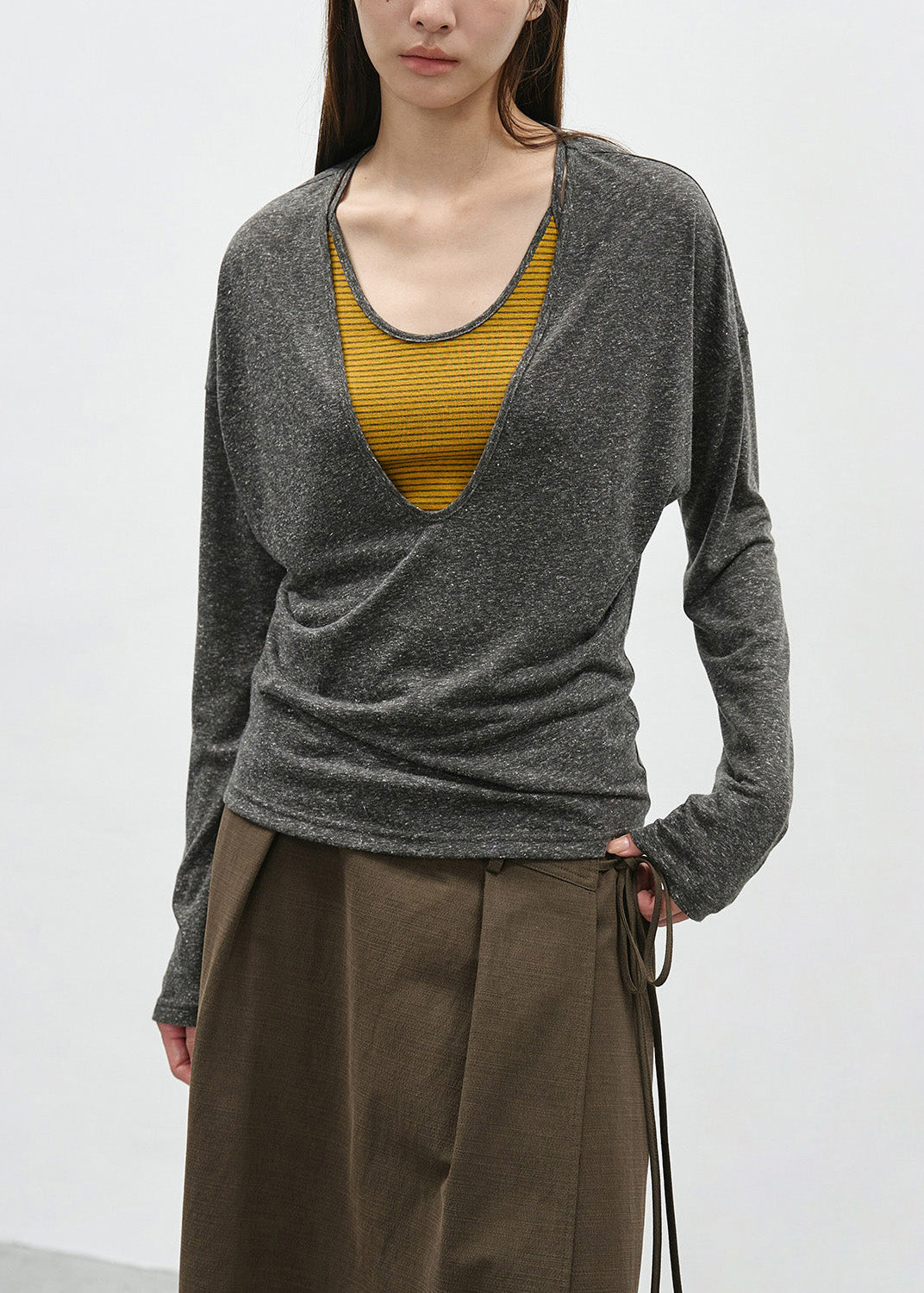 Grey False Two Pieces Patchwork Cotton T Shirts Spring