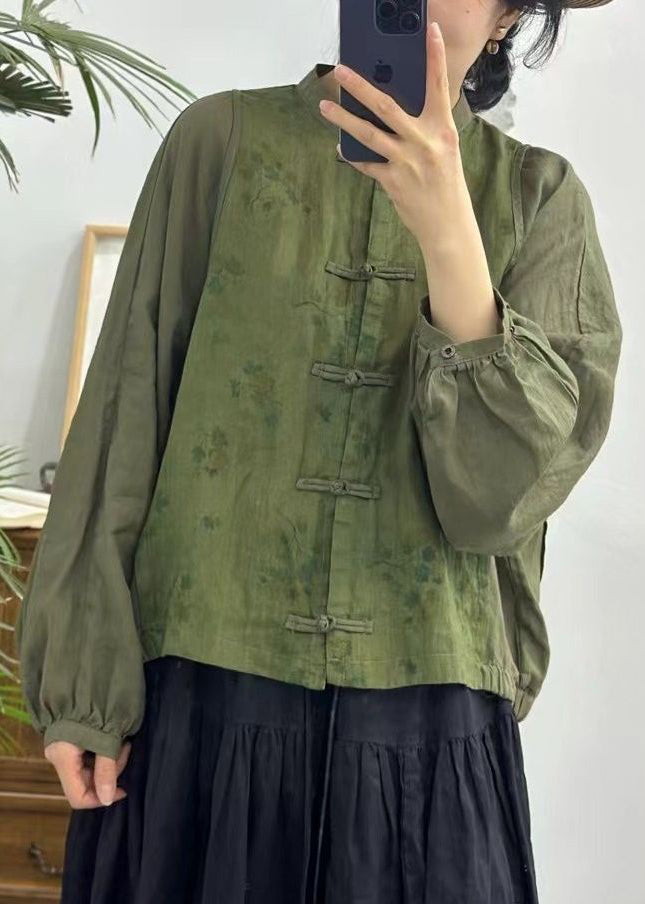 Red Button Print Patchwork Linen Shirts Long Sleeve