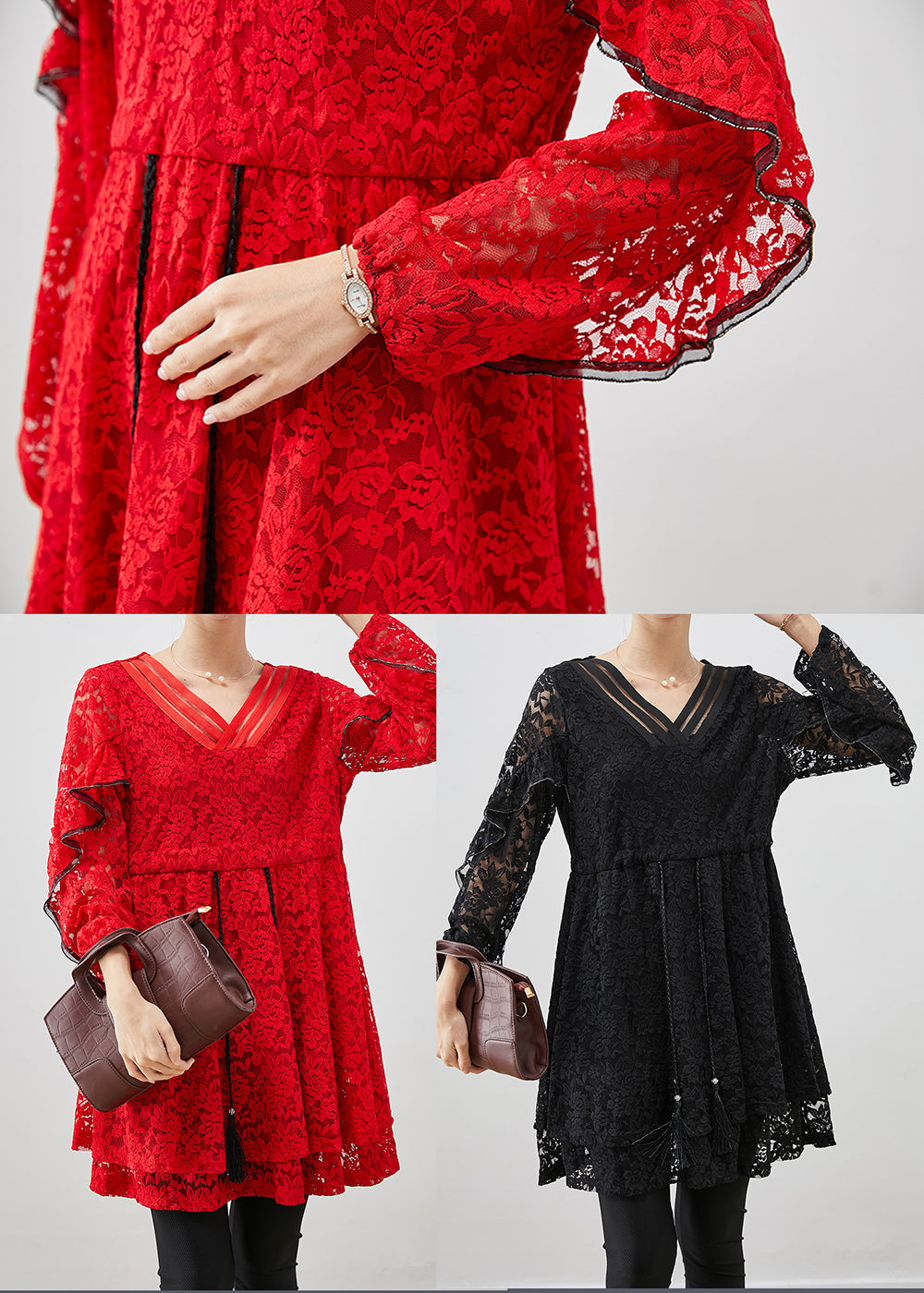 Black Silm Fit Lace a Line Dress Tie Waist Fall