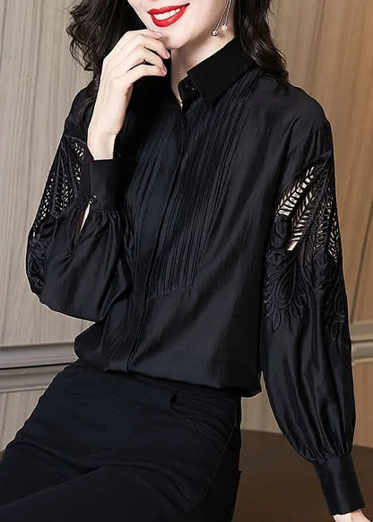 Stylish Black Embroidered Hollow Out Shirt Puff Sleeve Spring