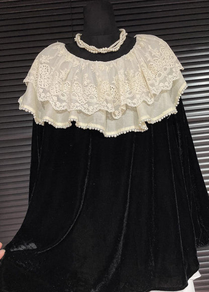 Fine Black Peter Pan Collar Patchwork Lace Silk Velour Shirt Fall