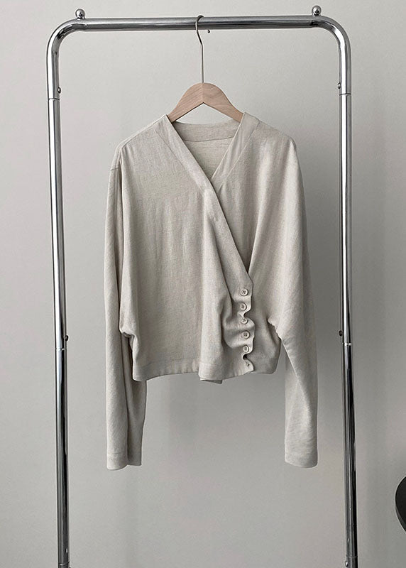 Apricot V Neck Asymmetrical Cozy Top Long Sleeve Spring