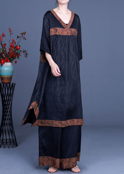 Diy Black Asymmetrical Patchwork Silk Two Pieces Set Half Sleeve