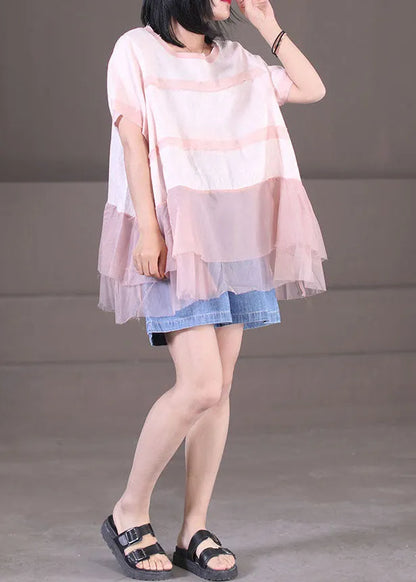Pink O-neck Tulle Patchwork Cotton Linen Loose Tank Tops Short Sleeve