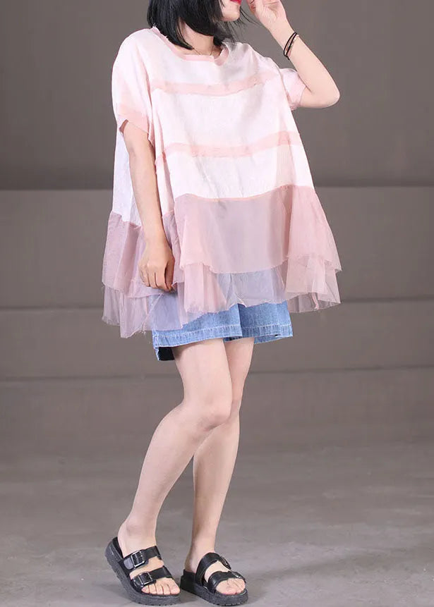 Pink O-neck Tulle Patchwork Cotton Linen Loose Tank Tops Short Sleeve