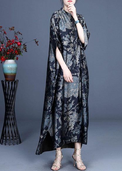 Comfy Black Print Summer Silk Side Open Dress