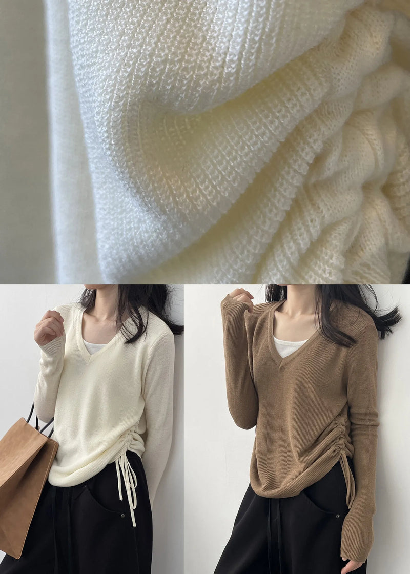 Coffee Cinched Knit Blouses V Neck Long Sleeve