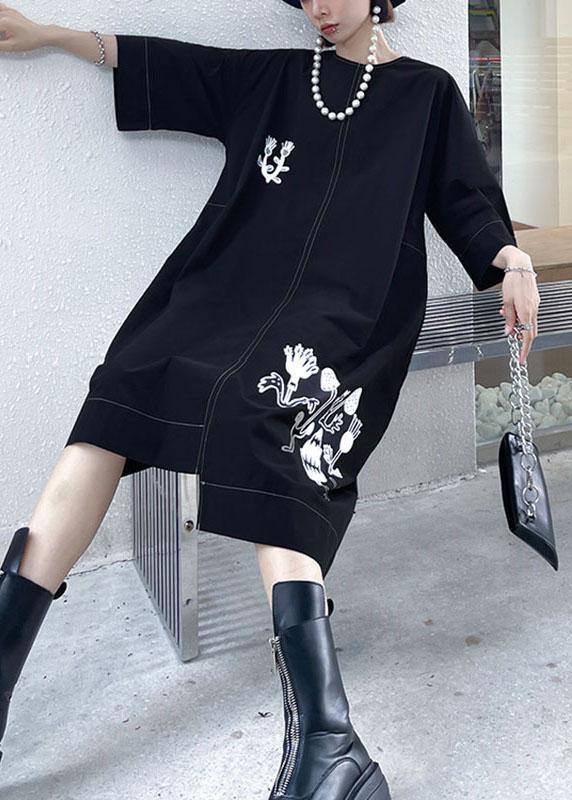 Stylish Black Embroideried Button Asymmetrical Design Fall Long Sleeve Dresses