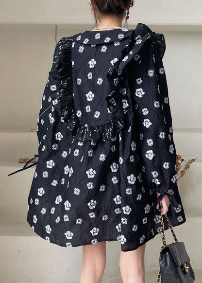 Black Print Ruffled Mini Dress Spring