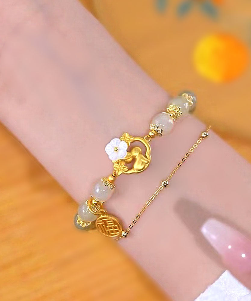 Gold Sterling Silver Overgild Inlaid Jade Rabbit Charm Bracelet