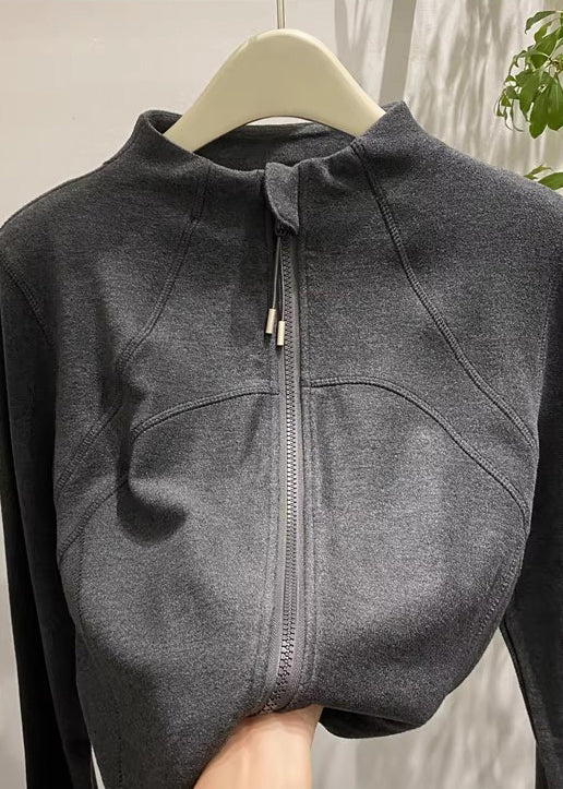 Dark Grey Velour Jackets Zip Up Stand Collar Spring