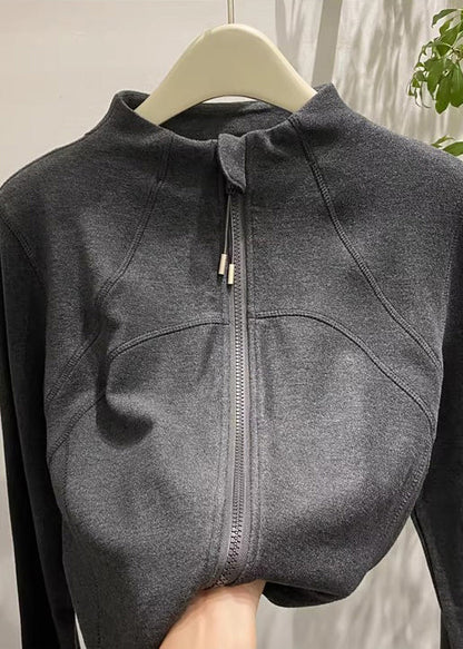 Dark Grey Velour Jackets Zip Up Stand Collar Spring