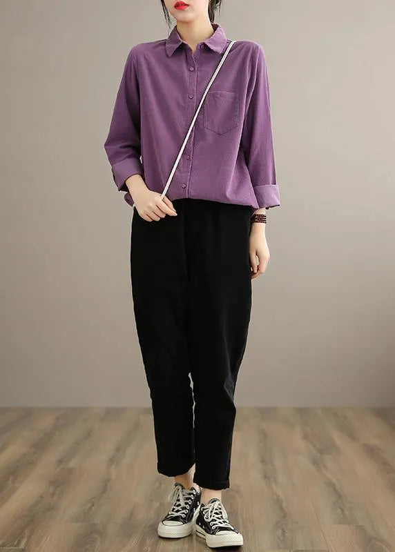 Style Lapel Pockets Spring Crane Tops Design Purple Shirt