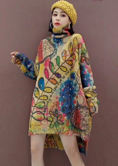 Leaves Print Loose Knit Dresses Side Open Spring